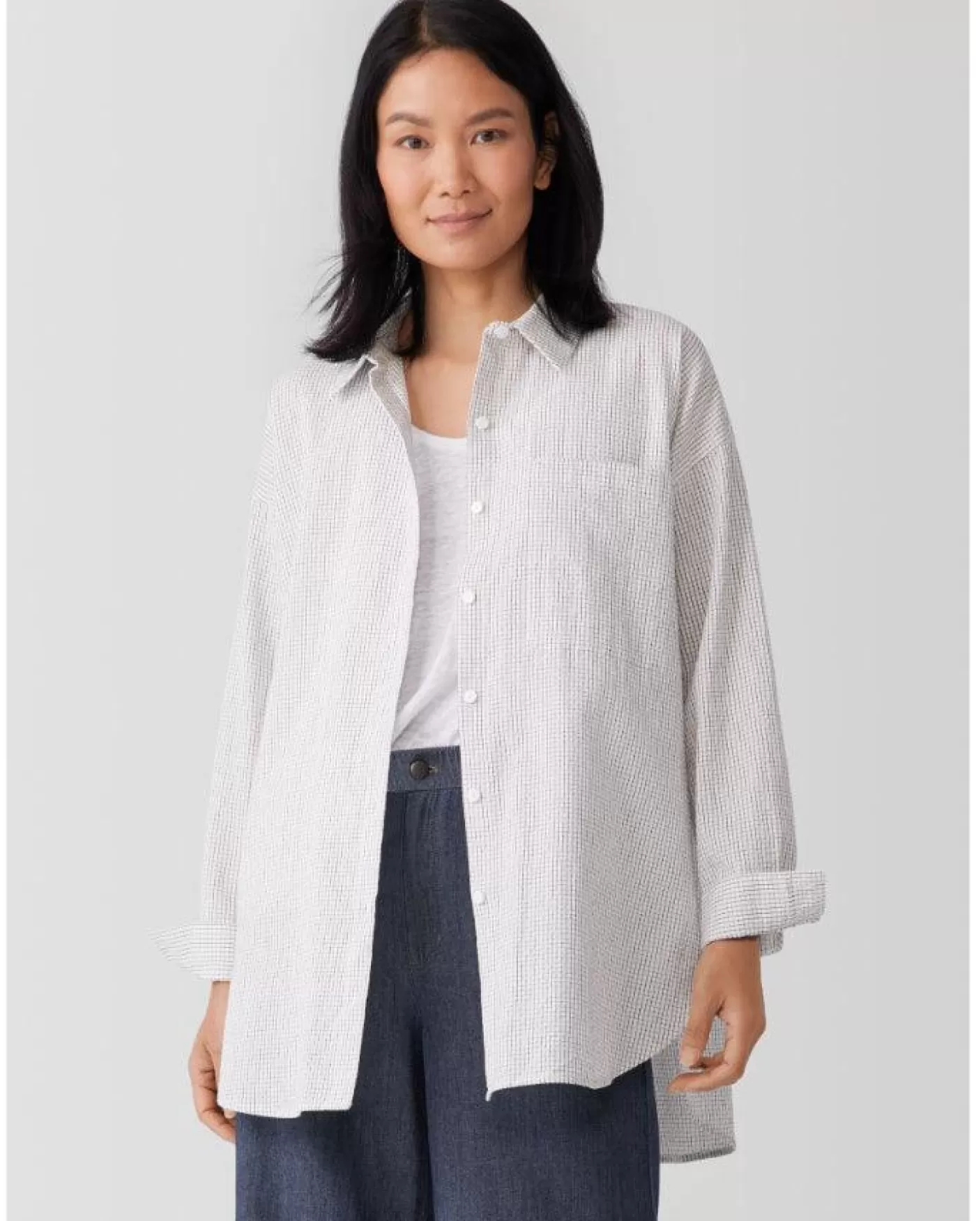 Eileen Fisher Cotton Ripple Checkered Shirt White Online