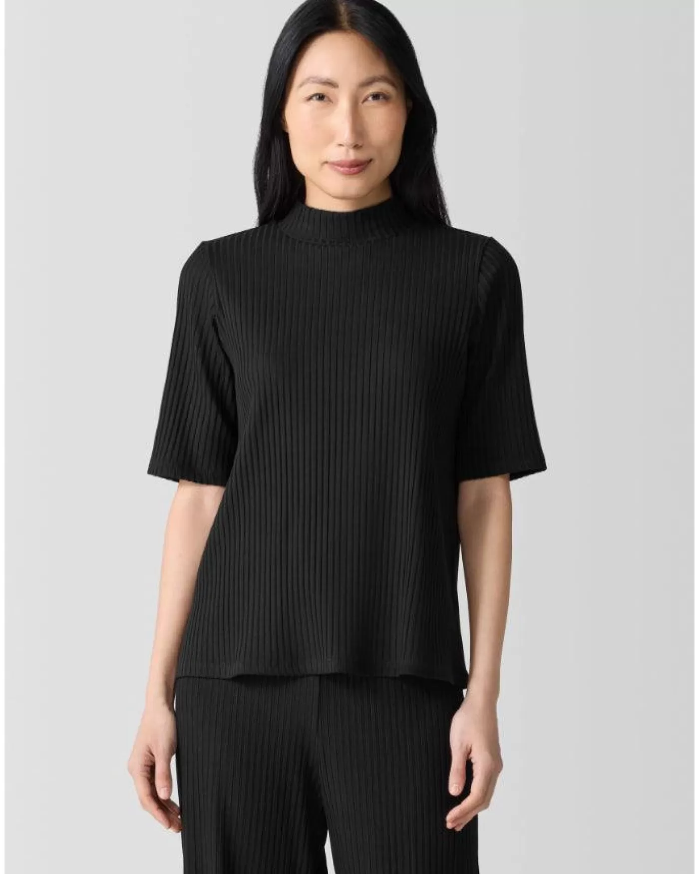 Eileen Fisher Textured Stretch Rib Mock Neck Top Black Best