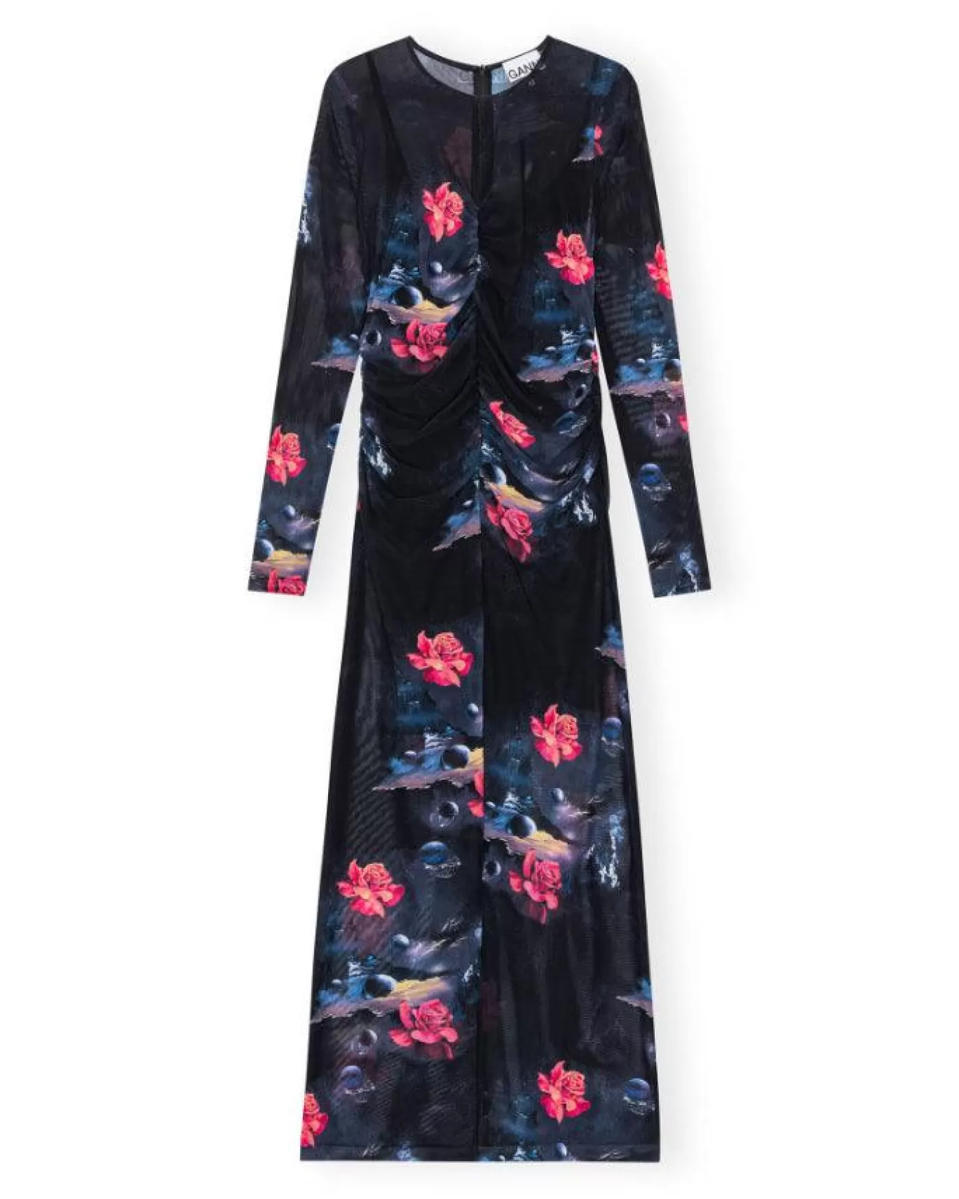 Ganni Printed Mesh O-Neck Ruched Long Dress BLACK Discount