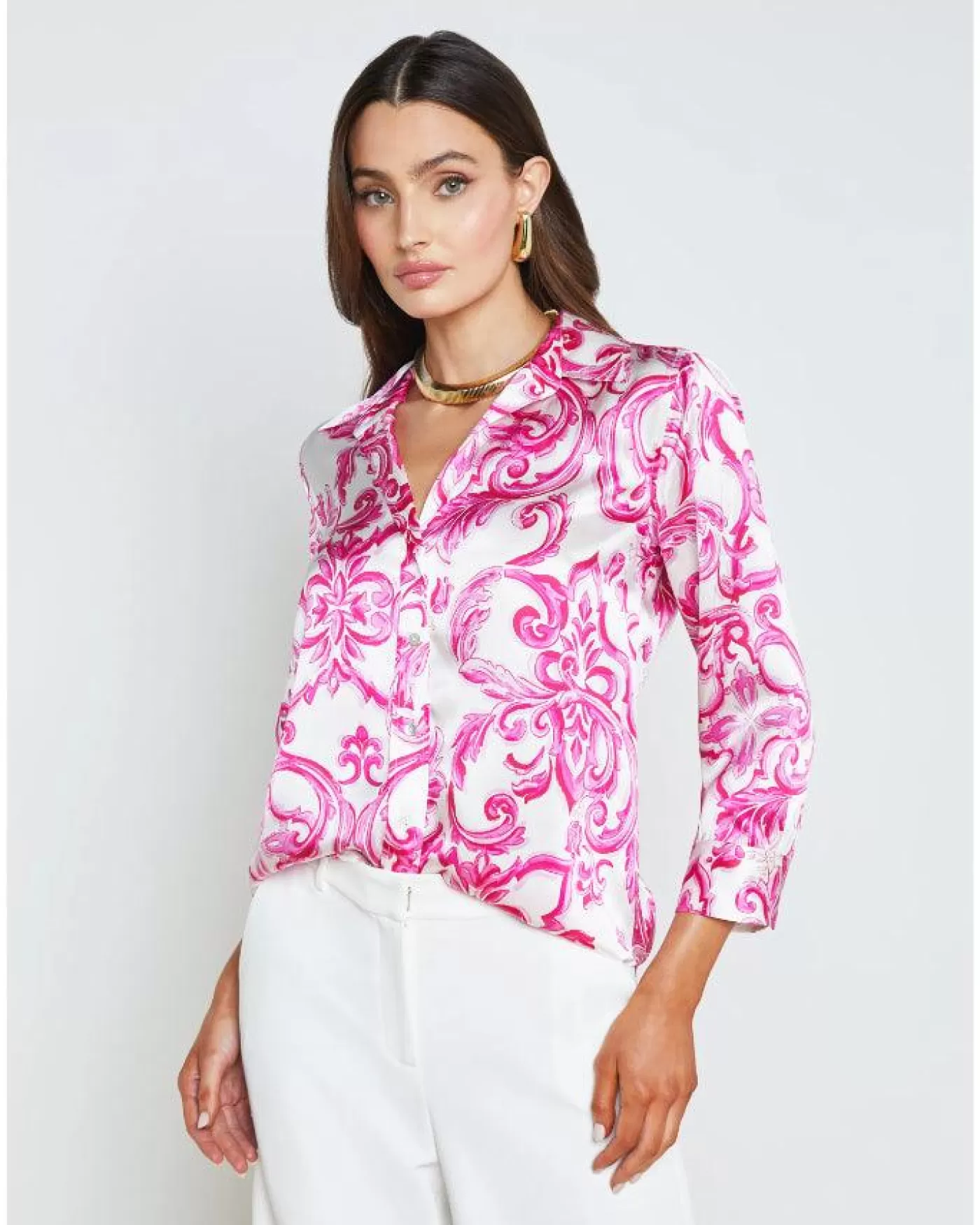L'Agence Dani 3/4 Sleeve Mediterranean Blouse WHITE/PINKMEDITERRANEANTILE New