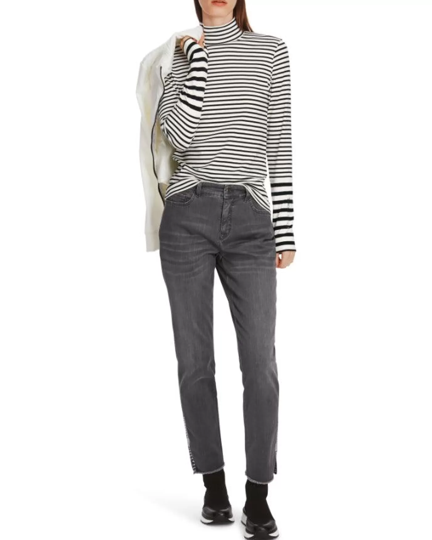 Marc Cain Cotton Stripe Funnel Neck Pullover WHITEBLACK Clearance