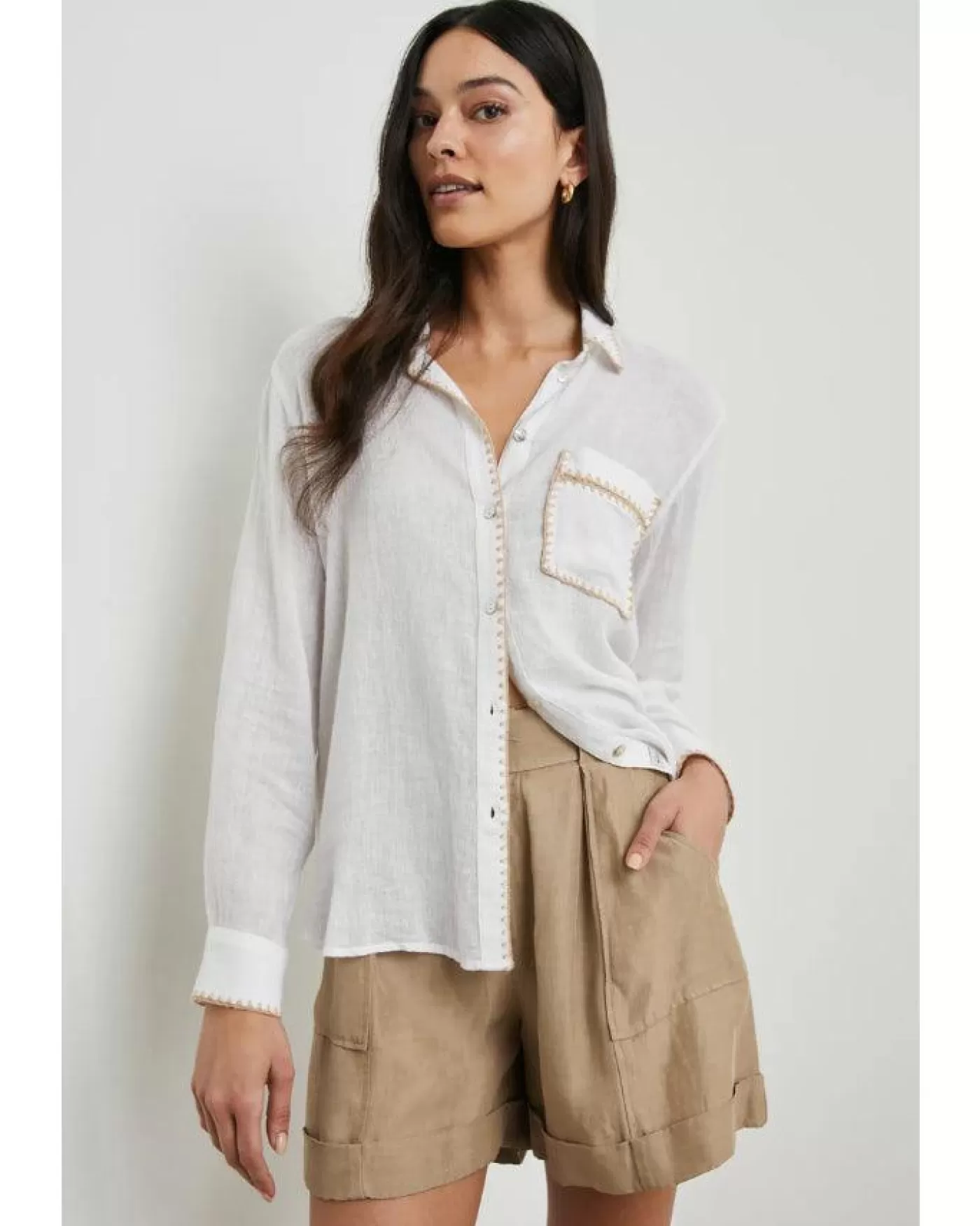 Rails Charli White Blanket Stitch Trim Shirt WHITEBLANKETSTITCH Hot