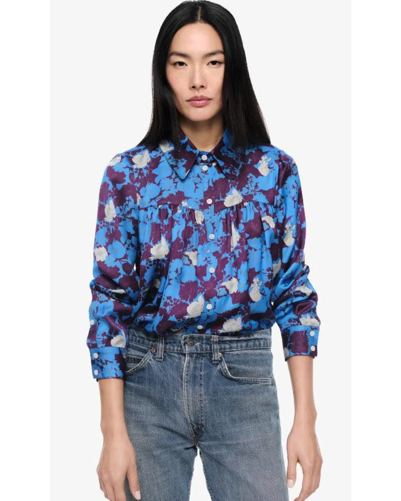Smythe Lapis Floral Shirred Blouse BLUE Outlet