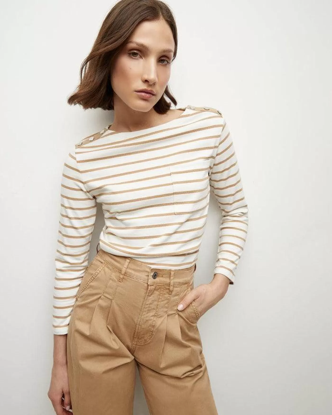 Veronica Beard Hovey Stripe Top OFFWHITE/KHAKI Online