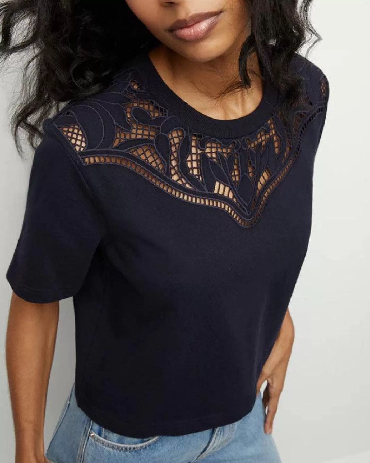 Veronica Beard Monty Embroidered Tee NAVY Outlet